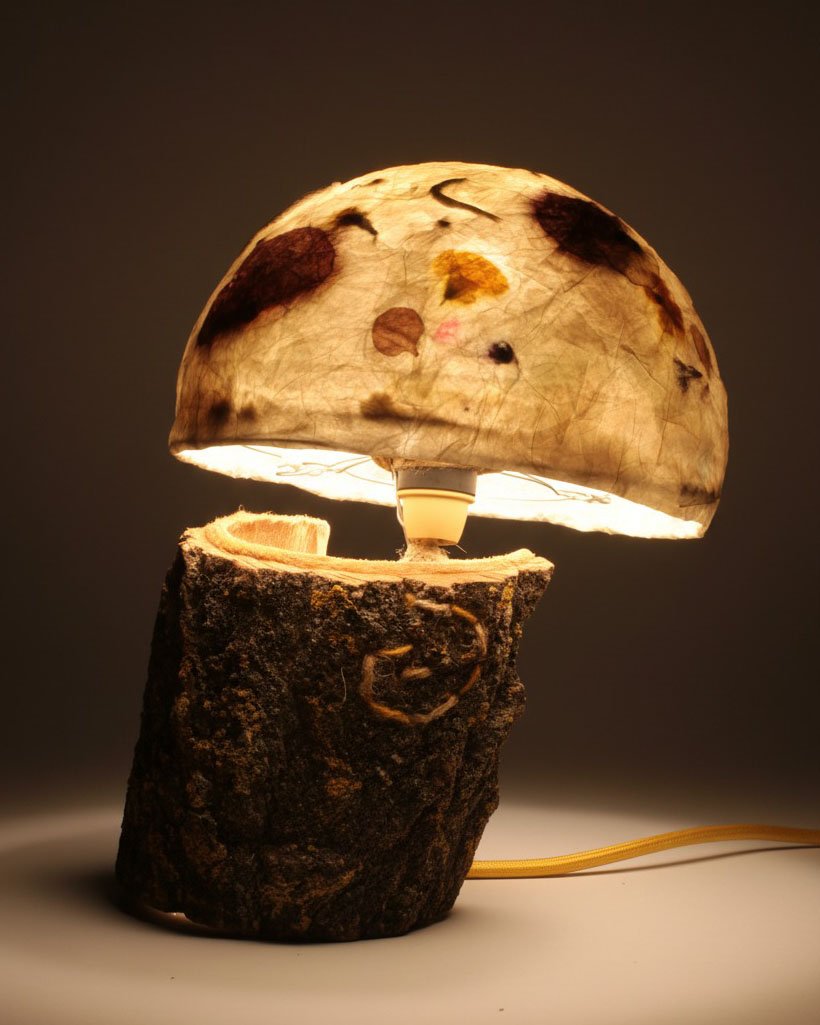 Lámpara de sobremesa con base de tronco de madera maciza y pantalla semiesférica.